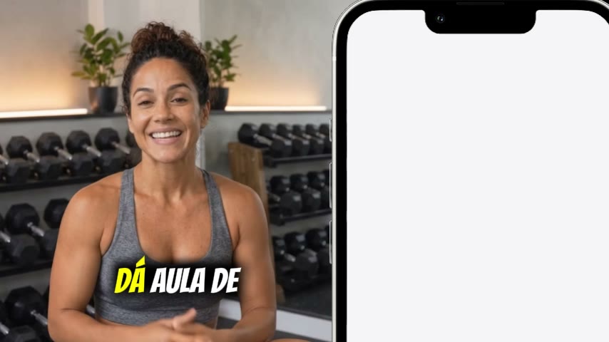 Professora de funcional falando sobre o Exercita+ ao lado do celular com o app aberto